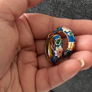 Blue Floral Cloisonné Hoop Earrings - Women Jewelry